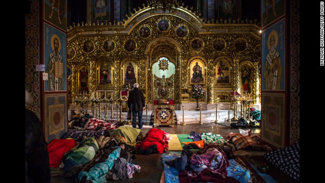 Protesters sleep on the floor inside a Kiev monastery on February 19.