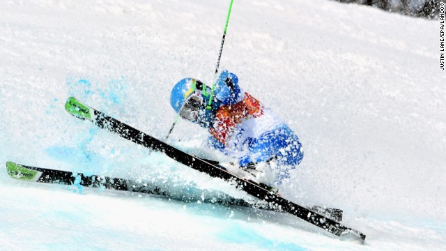 Sebastiano Gastaldi of Argentina crashes during his first giant slalom run.