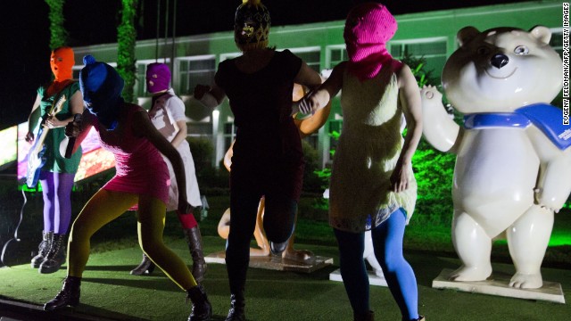 Pussy Riot performs in front of Olympic mascots as it records a video in Sochi on February 18. 