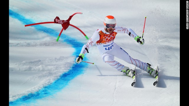 American skier Jared Goldberg negotiates a turn during a run in the men's giant slalom on February 19.