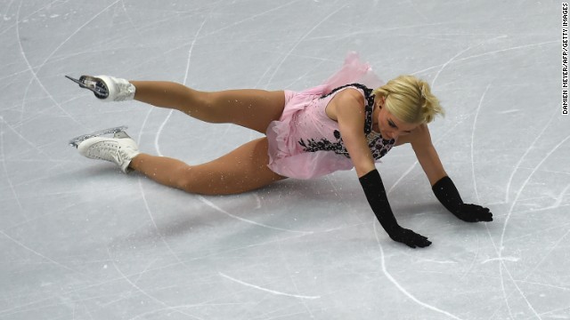 Swedish figure skater Viktoria Helgesson falls during her short program on February 19.