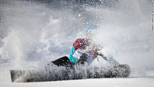 Snowboarder Amelie Kober of Germany runs wide during the women's parallel slalom on February 19.