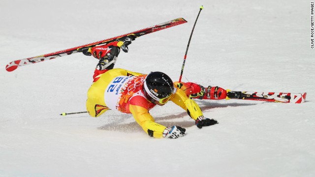 Antonio Ristevski of Macedonia falls during the men's giant slalom on February 19.