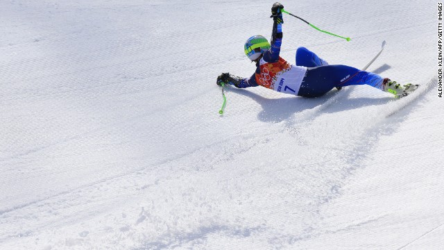 U.S. skier Ted Ligety arrives at the finish line of the men's giant slalom on February 19.