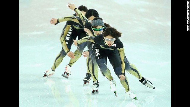 Japanese speedskaters train on February 20.