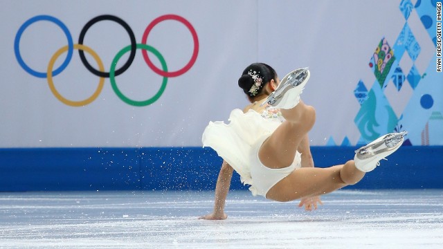 Akiko Suzuki of Japan falls during the figure skating competition February 20.