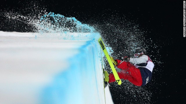 American freestyle skier Annalisa Drew crashes in the women's halfpipe on February 20.
