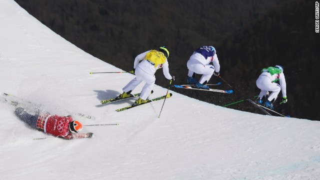 Canada's Brady Leman crashes in the men's ski cross final on February 20.