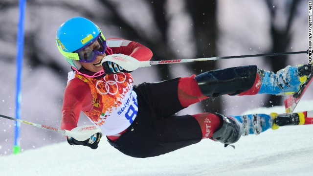 Iranian skier Forough Abbasi falls during the women's slalom on February 21.