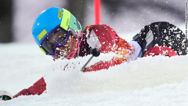 Iranian skier Forough Abbasi falls during the women's slalom on February 21. 