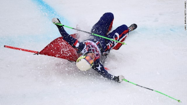 Stephanie Joffroy of Chile crashes in the women's ski cross on February 21.
