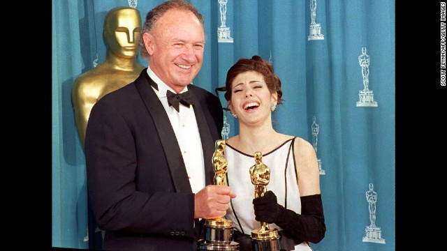 Gene Hackman poses with Marisa Tomei in 1993 after he wins an Oscar for best supporting actor for his role in "Unforgiven" and she wins for best supporting actress for "My Cousin Vinny." Tomei's win is totally unexpected and still sometimes<a href='http://blogs.amctv.com/movie-blog/2008/07/my-cousin-vinny-marisa-tomei/' > (wrongly) contested.</a>