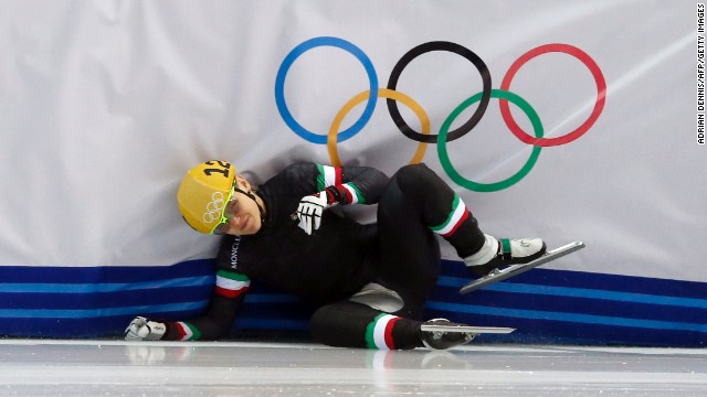 Italy's Arianna Fontana falls as she competes in a 1,000-meter short track speedskating race on February 21.