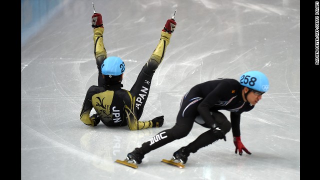 Short track speedskater Satoshi Sakashita of Japan falls as he competes in the quarterfinals of the men's 500 meters on February 21.