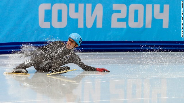 American speedskater J.R. Celski falls as he competes in the 500-meter short track competition on February 21.