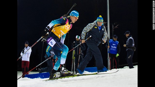 Ukrainian biathlete Valj Semerenko competes in the women's team relay on February 21.
