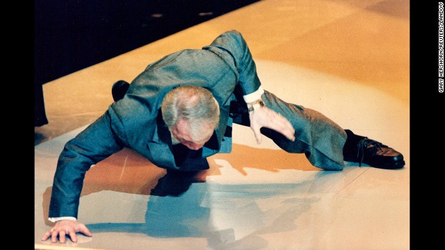 When Jack Palance wins best supporting actor in 1992 for "City Slickers" he thrills the crowd by dropping to the floor and performing one-handed push-ups <a href='http://www.youtube.com/watch?v=AGxL5AFzzMY' >during his acceptance speech.</a> Not bad for a septuagenarian. 