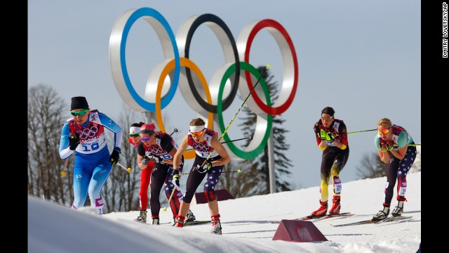 Finland's Riitta-Liisa Roponen, left, leads other competitors during the women's 30-K cross-country race on February 22.
