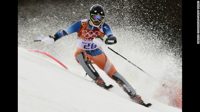 Norway's Leif Kristian Haugen competes during the men's alpine skiing slalom run on February 22. 