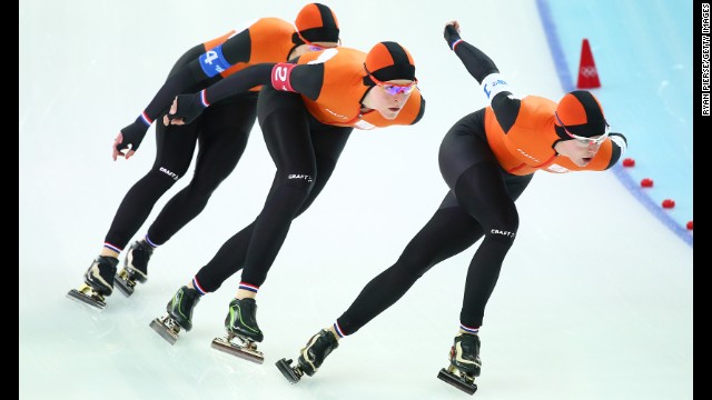 Ireen Wust, Jorien ter Mors and Marrit Leenstra of the Netherlands compete during the semifinals of the women's team pursuit speed skating on February 22. 