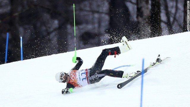Prince Hubertus von Hohenlohe of Mexico goes down in the first run of the men's slalom on February 22. 