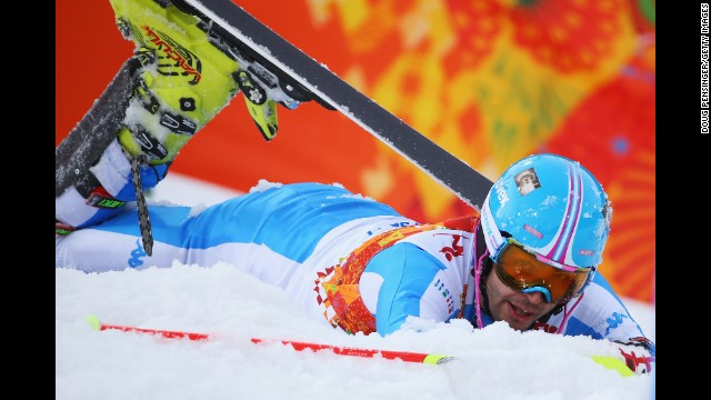 Patrick Thaler of Italy crashes out in the first run of the men's slalom on February 22.