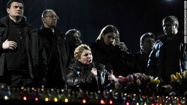 Former Prime Minister Yulia Tymoshenko speaks at Independence Square on Saturday, February 22, hours after being released from prison. Tymoshenko, considered a hero of a 2004 revolution against Yanukovych, was released after 2½ years behind bars.