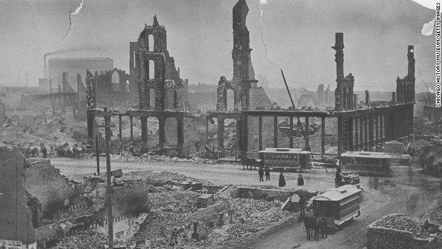 It's hard to believe Chicago started out as a small trading post at the mouth of the Chicago River. It incorporated as a city on March 4, 1837, and grew exponentially in the decades that followed. Most of its buildings were made of wood. During the dry summer of 1871, a massive fire broke out, destroying more than 17,000 buildings across Chicago and killing 300 people. The cause of the fire was never determined. This photo shows the fire's devastation at the corner of State Street and Madison Street. Watch "Chicagoland" on CNN Thursdays at 10 p.m. ET. Editor's note: An earlier version of this gallery had an image of downtown Chicago that was removed because its authenticity was in question. After further review with the source, CNN found the image was misrepresented as an historical photograph. It was in fact a still from the 1937 movie "In Old Chicago." CNN regrets the error.