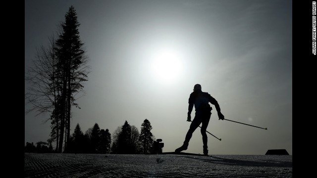  An athlete takes part in the men's 50-kilometer mass start free on February 23.