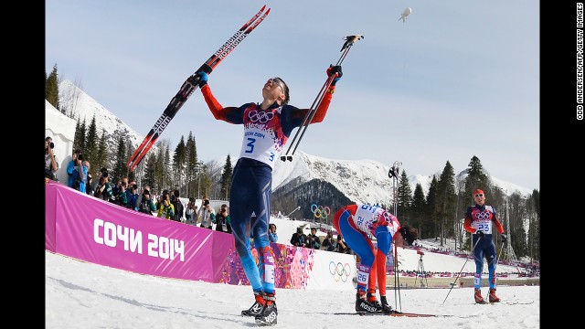 Alexander Legkov of Russia celebrates his win in the men's cross-country skiing 50-kilometer mass start free on February 23.