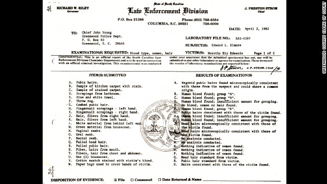 This police list suggests that key evidence was lost or hidden. Item "T" included "fibers" and "hairs" collected from Edwards' body but never introduced as trial evidence. More than a decade later, a state investigator found item "T" in the back of a desk drawer. New analysis showed that item T included a "Caucasian hair" that did not belong to Edwards or Elmore.