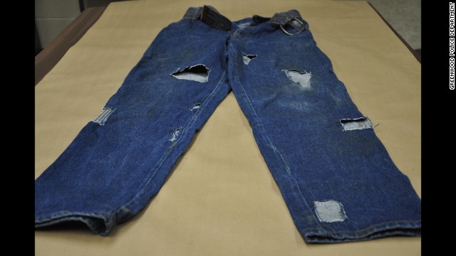 These are the jeans Elmore was wearing the night prosecutors said Edwards was killed. A state expert told jurors that blood stains matched the victim's blood type. But Elmore's team said a law enforcement agent took them from the crime lab, exposing them to tampering. The scant amount of blood also suggested that they were not worn during the bloody attack, according to defense experts.