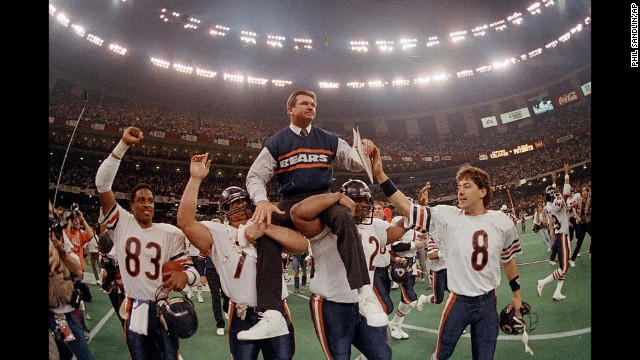 Chicago Bears head coach Mike Ditka is carried off the field by his players after the team won Super Bowl XX in January 1986. It is the Bears' only Super Bowl victory.