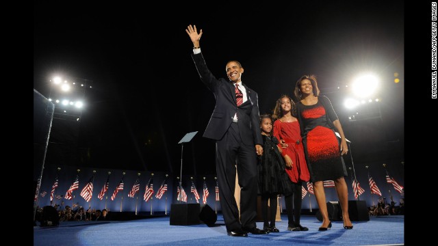 Barack Obama and his family celebrate in Chicago's Grant Park after he won the presidential election on November 4, 2008. Obama first moved to Chicago after college to work as a community organizer. He went on to finish Harvard Law School and returned to Chicago to teach constitutional law at the University of Chicago. He worked as a civil rights attorney and a state senator before being elected to the U.S. Senate in 2004. First lady Michelle Obama was born and raised on Chicago's South Side.