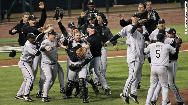 The Chicago White Sox celebrate after winning the 2005 World Series with a four-game sweep over the Houston Astros. It was the team's third World Series title and first since 1917.