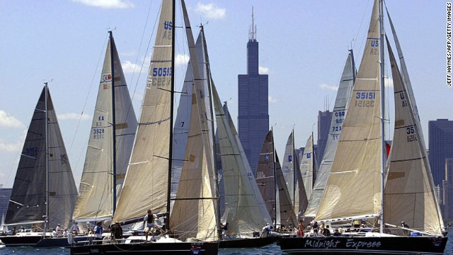 Against the backdrop of Chicago's Sears Tower, sailboats are set for the start of the Chicago Yacht Club Race to Mackinac in July 2003. It is the world's longest annual freshwater race, having started in 1898.