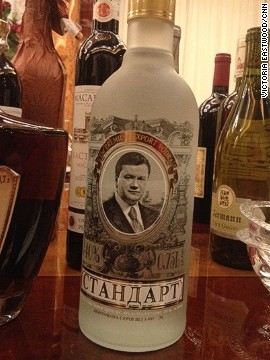 Pictured is a bottle of the former President's own vodka.For now, Parliament Speaker Oleksandr Turchinov will take over Yanukovych's duties and has promised a new interim government by Tuesday and new elections in May. 