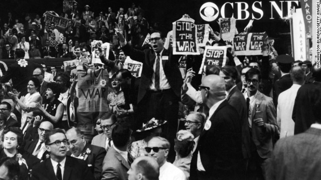 Members of the New York delegation protest the Vietnam War at the 1968 Democratic National Convention, which was held in Chicago. Chicago is a popular city for national political conventions, having hosted more than two dozen in its history. But the city was not quite prepared for the mayhem in 1968, despite a contingent of federal troops to help keep the peace.