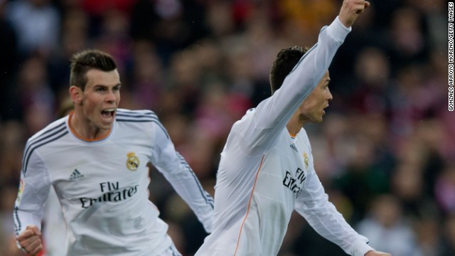 Cristiano Ronaldo celebrates with Gareth Bale in close attendance as he equalizes for Real Madrid.