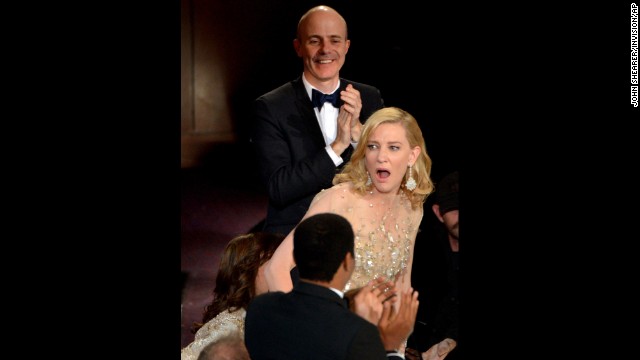 Cate Blanchett reacts after winning best actress for her role in "Blue Jasmine."