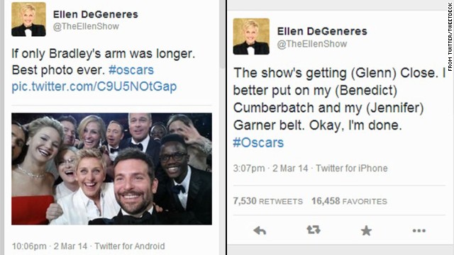Although Samsung was an Oscars sponsor, host Ellen DeGeneres was tweeting backstage from an iPhone, as seen at right.