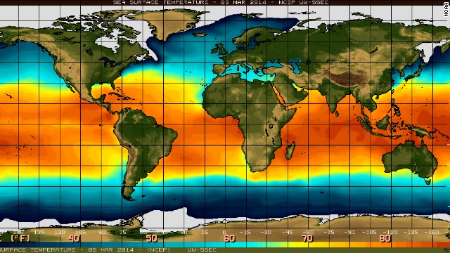 A map shows sea surface temperatures in the equatorial Pacific Ocean Wednesday. 