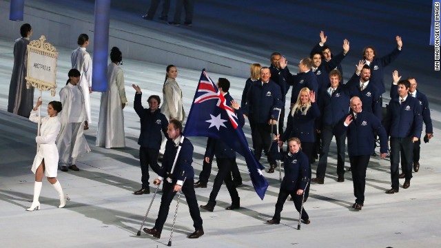 Australia enters the stadium led by skier and flag bearer Cameron Rahles-Rahbula.