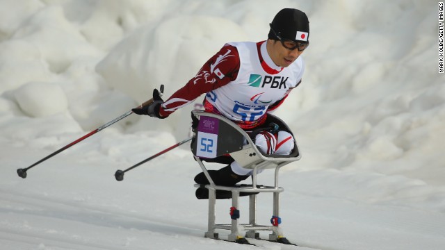 Kozo Kubo of Japan competes in the men's 7.5-kilometer sitting biathlon on March 8. 