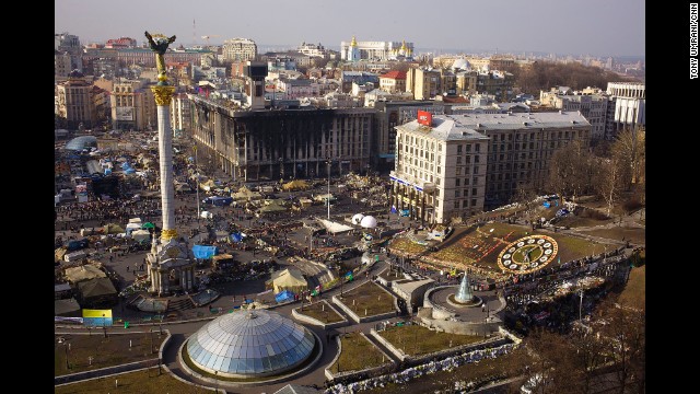 KIEV, UKRAINE: An aerial photo of Independence Square, or Maidan, in Kiev on March 8. Many remain camped out in Independence Square, while others stream through the area to pay tribute to those who were killed. Photo by CNN's Tony Umrani.