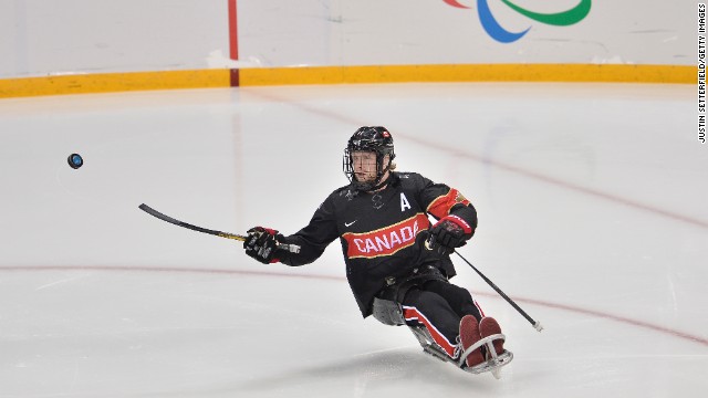 Adam Dixon competes during the ice sledge hockey game between Canada and Norway on March 9.