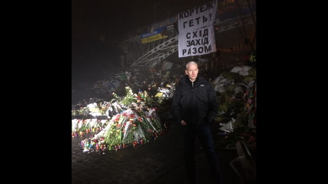 KIEV, UKRAINE: CNN's Anderson Cooper reports from Kiev's Independence Square on March 6. Photo by CNN's Khalil Abdallah.
