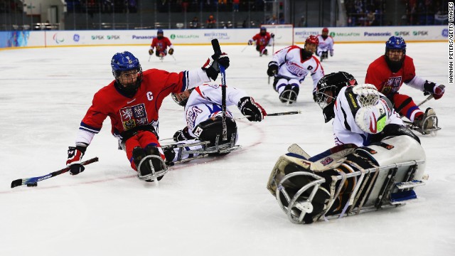 Zdenek Safranek of the Czech Republic shoots for goal during an ice sledge hockey game against South Korea on March 12.