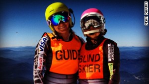 Caitlin Sarubbi, who is legally blind, and her sister Jamie, her downhill skiiing guide, during training in Mt. Hood, Colorado.