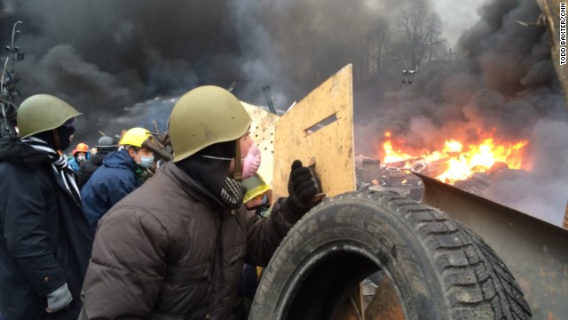 KIEV, UKRAINE: Anti-government protesters clash with riot police in central Kiev on February 20. Photo by CNN's Todd Baxter.